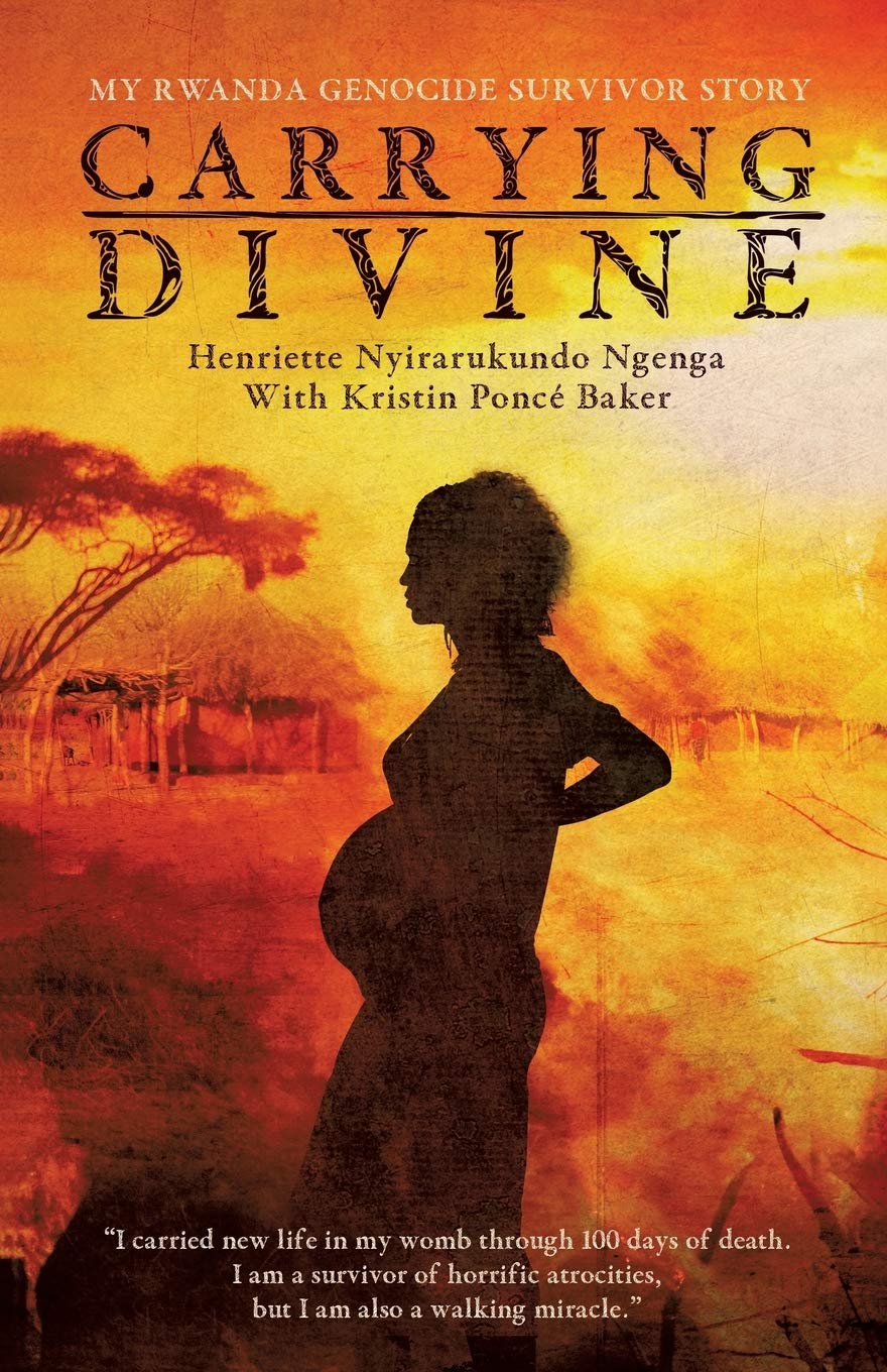 Carrying Divine — book cover. The silhouette of a pregnant woman against a Rwandan sunset, framed by the title in serif type.